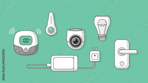 A modern illustration features a collection of smart home devices, including a security camera, doorbell, lightbulb, and smart lock