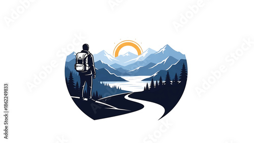 A lone figure with a backpack gazes at a tranquil landscape featuring layered mountains, a winding path, a serene lake, and lush trees, under a vibrant sun