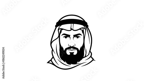 A monochrome illustration presents the portrait of a man, featuring a full beard and wrapped in traditional headwear. The simple design emphasizes facial features
