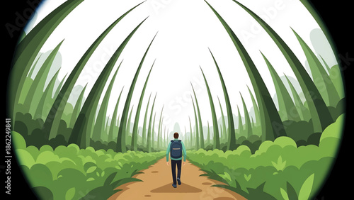 A lone figure with a backpack walks away on a path through an illustrative forest lined with tall green grass and leafy shrubs