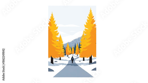 A lone person walks down a path in a wintry forest surrounded by tall yellow trees under a cloudy sky. The path leads up toward a distant mountain range