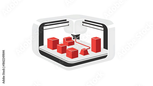 A modern illustration of a 3D printer creating various red geometric shapes. The printer is enclosed and white, with a black and grey trim