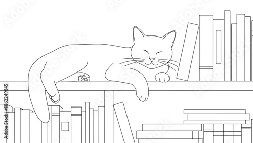 A linear drawing presents a sleeping feline stretched out atop a shelf brimming with assorted books. The cat peacefully rests, eyes closed, on top of its perch