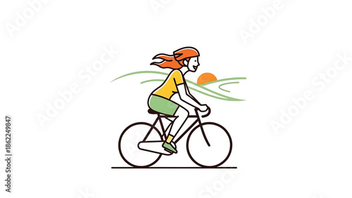 A person rides a bicycle in a minimalist style. The illustration features a cyclist with a bright color scheme against a white background