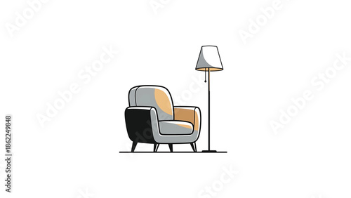 A modern illustration of a chair and a floor lamp. The chair is neutral-toned, the lamp is white with a light source inside. Both objects are in a room