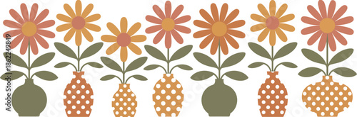 Adobe Illustrator Artwork Set of retro boho floral illustrations with daisy flowers in decorative vases and ceramic pots for cozy home decor on transparent background