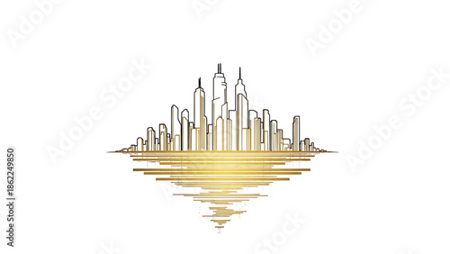 A linear golden cityscape is reflected in a glimmering horizontal, creating a symmetrical design. Skyscrapers and buildings line the horizon