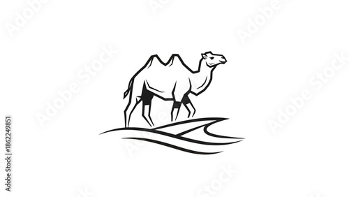 A linear graphic features a camel walking across stylized dunes, rendered in black against a white background, minimalist