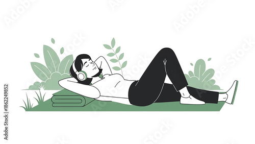 A person reclines on grass, listening to music with headphones, surrounded by stylized plants. The image has a calm, minimalist aesthetic