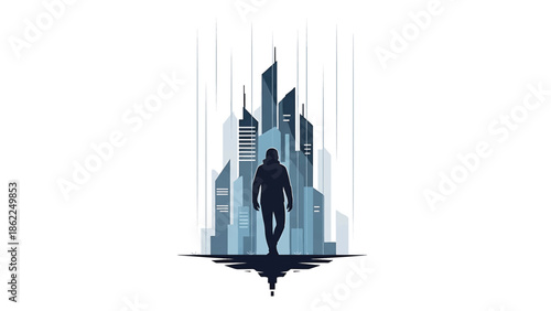 A lone figure walks towards a silhouette of a city in an illustrative, minimalist style, with long lines emanating from buildings