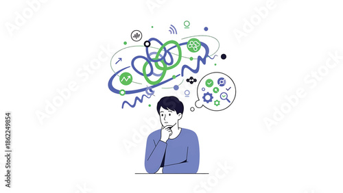 A person ponders complex thoughts represented by swirling lines, check marks, and icons above their head. The figure is facing towards the view with a thoughtful expression