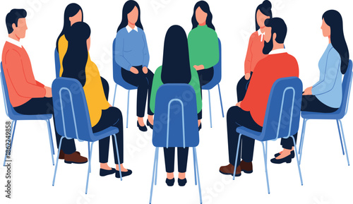 Flat vector illustration of a diverse group of people sitting in a circle for therapy or business discussion