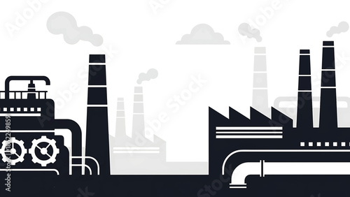 A monochrome illustration presents multiple factory structures with smokestacks, exhaust clouds, gears, and extensive piping details