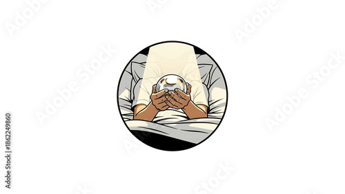 A person resting in a bed is illuminated by light, holding a crystal ball within a black circle. The figure's arms and hands cradle the ball