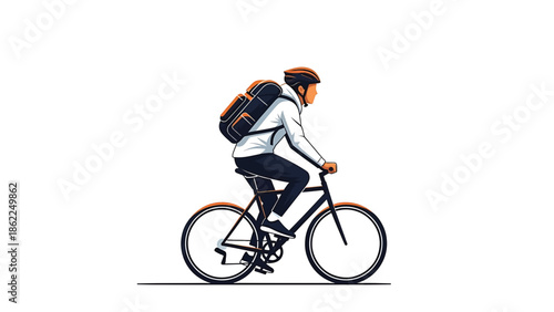 A person rides a bicycle with a backpack, wearing a helmet, and a jacket. It's a clean graphic on a white background with orange and black accents