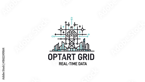 A linear icon depicting an abstract city skyline combined with an electrical grid, topped with a stylized brain symbolizing artificial intelligence