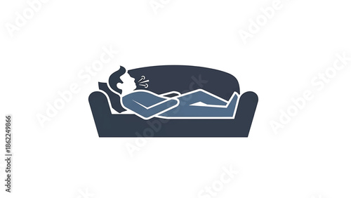 A person reclines on a dark blue sofa, exhaling. The illustration uses contrasting shades of blue and white on a clean white background