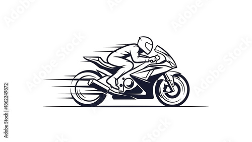 A monochrome illustration showcasing a motorcyclist racing. They are wearing a helmet and speed lines emphasize motion. The design is sleek