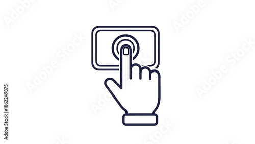 A linear icon depicting a hand pressing a button on a rectangular panel. The background is white. It symbolizes interaction