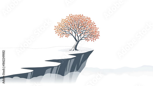 A lone tree with autumn leaves stands on a cliff edge. The background shows a minimalist landscape. The scene conveys isolation