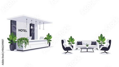 A modern illustration of a hotel lobby and seating area, with minimalist design elements and potted plants. Includes a reception desk