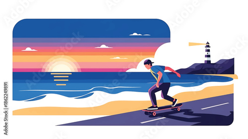 A person rides a skateboard on a seaside road with a vibrant sunset, waves, and a lighthouse in a digital illustration