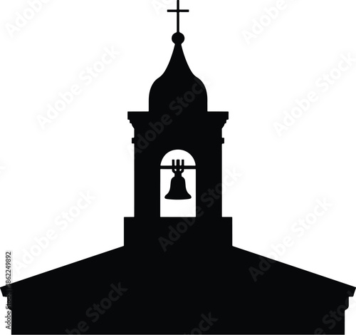 Silhouette of a church steeple with a bell tower, symbolizing faith and community gathering