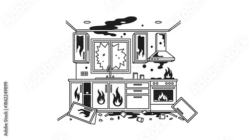 A monochrome illustration showing the aftermath of a kitchen fire. Flames erupt from cabinets and appliances. Debris and smoke surround