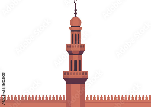 Stylized flat design illustration of an elegant minaret, a prominent feature of Islamic architecture, symbolizing spiritual heritage and cultural devotion in a serene vector art style