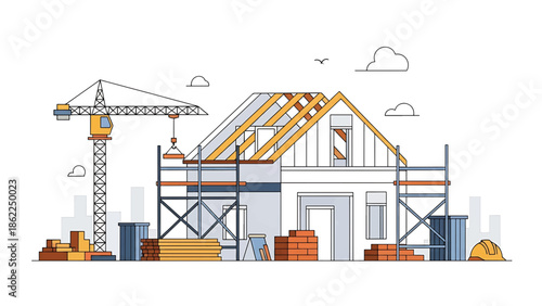 A linear illustration of a house under construction. A crane, scaffolding, and building materials are present. The background shows city buildings and the sky