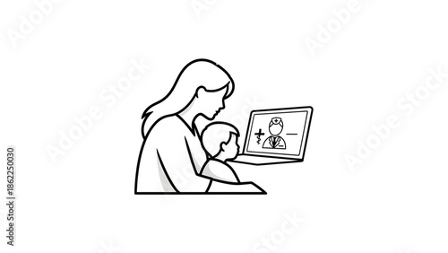 A mother and child sit together looking at a laptop screen. The screen displays a doctor