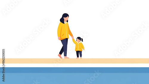 A mother and child, holding hands, walk along a sandy beach above blue water. They are both wearing yellow jackets