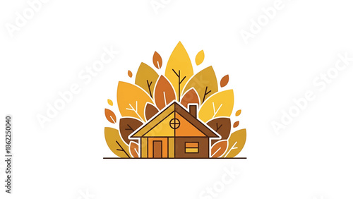 A linear illustration of a house with autumnal leaves, utilizing a palette of warm yellows, oranges, and browns, against a stark white background