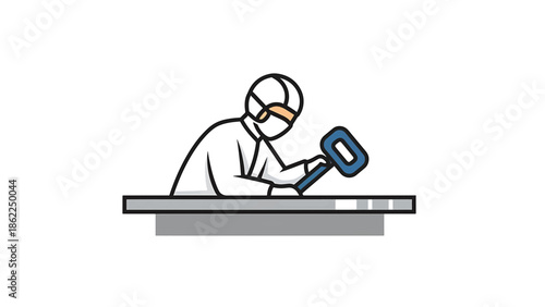 A medical professional in protective gear, seen from the torso up, is looking down with a hammer-like tool. The background is white