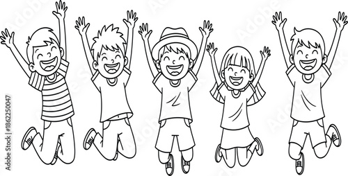 Line art illustration of a group of five happy diverse children jumping and cheering for educational coloring pages