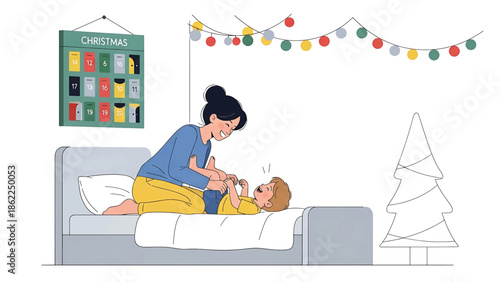 A mother and child share a playful moment. The cheerful scene shows a woman tickling her child on a bed. Christmas decor is visible