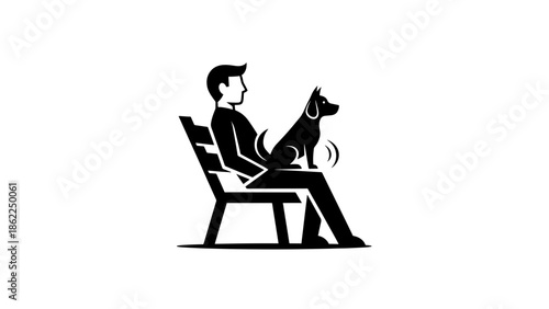 A person sits on a bench with a dog on their lap, in a minimalist style illustration. The black figure sits in profile, with the dog also in profile