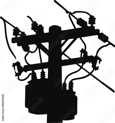 Electric utility power pole vector illustration with transformer ceramic insulators and overhead distribution wires isolated on white background