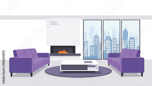 A modern living room illustration with purple sofas, a fireplace with flames, a white table, and large windows revealing a cityscape