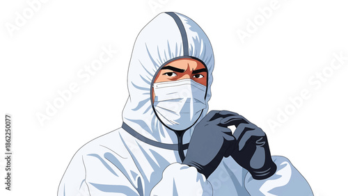 A medical professional in a protective suit stares intensely, hands clasped. The illustration is vector-based. Masked, gloved, and hooded