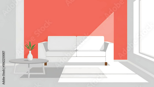 A modern living space with a white sofa against a coral wall, illuminated by natural light from a large window. A table with a vase and greenery