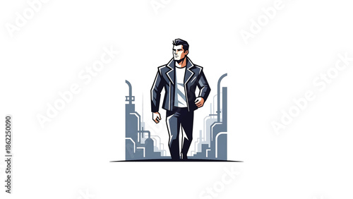 A man in a jacket walks towards the viewer. Buildings or structures are in the background, set on a white canvas. The style is simple and modern