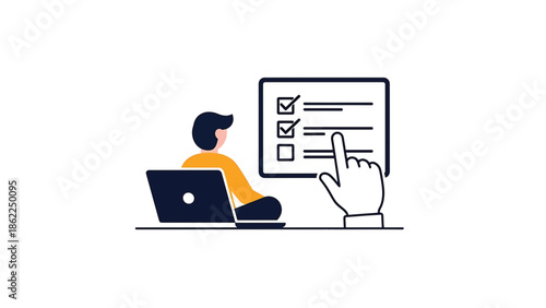 A person uses a laptop, interacting with a to-do list icon, while a hand touches it. The person is outlined