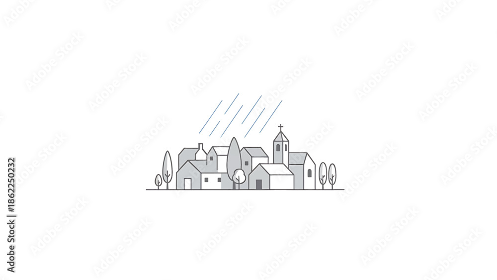 Fototapeta premium A minimalist illustration of a small village scene under a rainy sky. Featuring various building types, trees, and rain lines