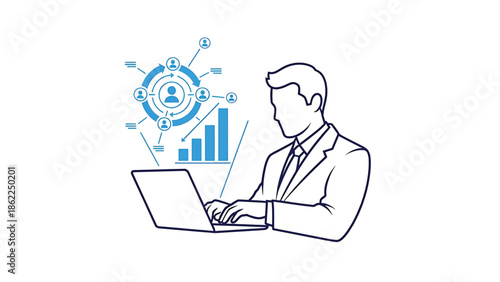 A man in a suit working on a laptop with data visualizations charts and a circular process. The background is white