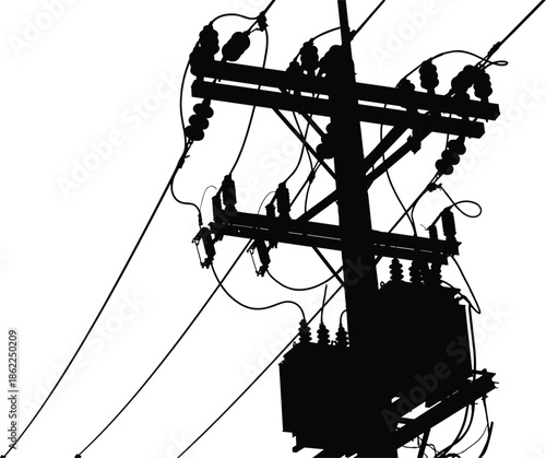 Electric utility power pole vector illustration with transformer insulators and overhead cables isolated on white background industrial electricity infrastructure