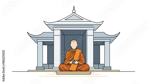 A meditating figure sits under an ornate structure with intricate details, folded hands, and robes. The architectural style hints at Eastern influence