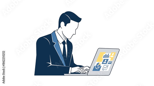 A man in a suit working on a laptop with data graphics displayed on the screen. The scene is set on a white background