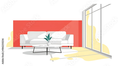 A modern minimalist interior design, featuring a white sofa, a round table with a plant, and a large window with sunlight. The back wall is red