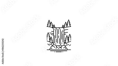 A minimalist illustration of a waterfall cascading down a cliff face, surrounded by stylized evergreen trees